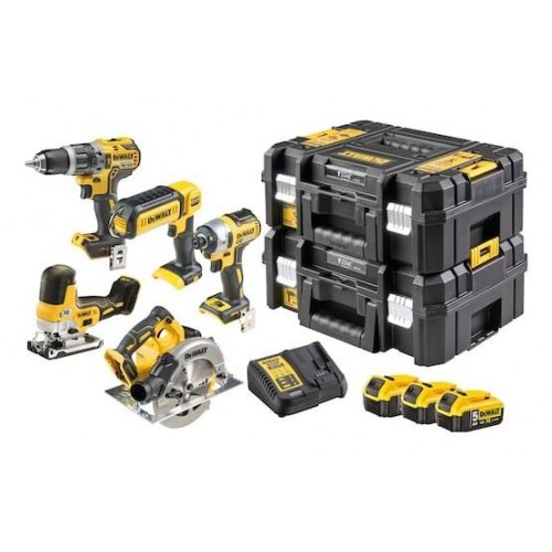 DeWALT DCK500P3T-QW 18V XR kombosæt - bor/skruer, slagskruetrækker, rundsav, stiksav, LED-lampe + 3x 5,0 Ah, lader og TSTAK-kufferter