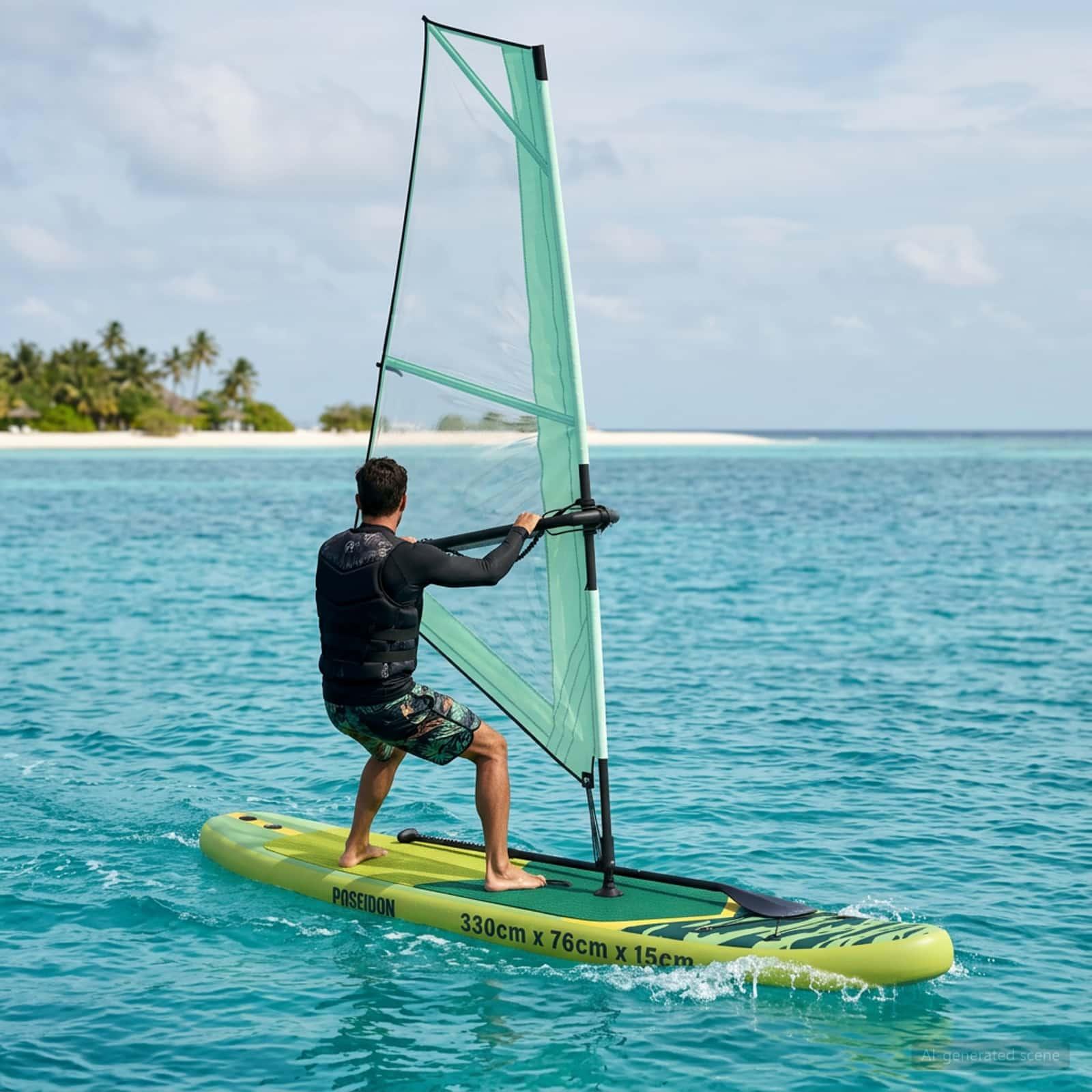 Oppusteligt SUP board med sejl - POSEIDON 330 × 76 × 15 cm, grøn billede