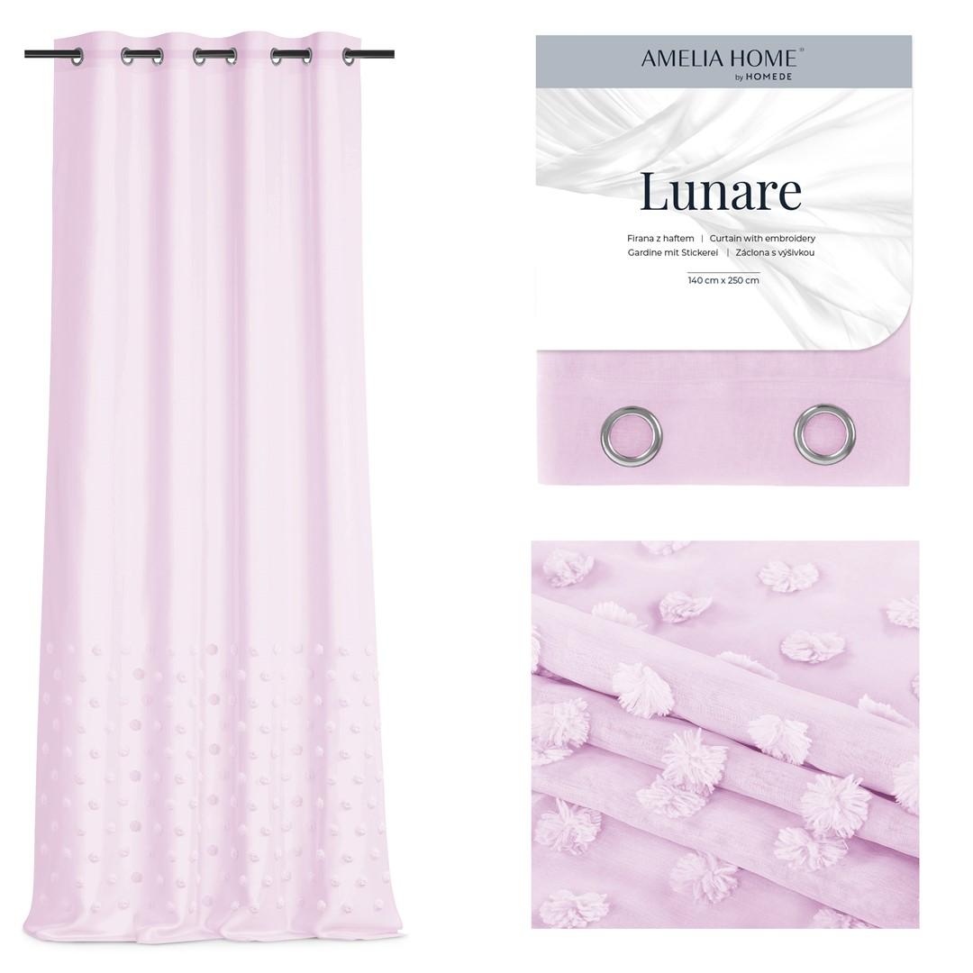 Amelia Home Lunare gardin - lyserød voile med broderet boho-motiv, øskner, 140×270 cm billede