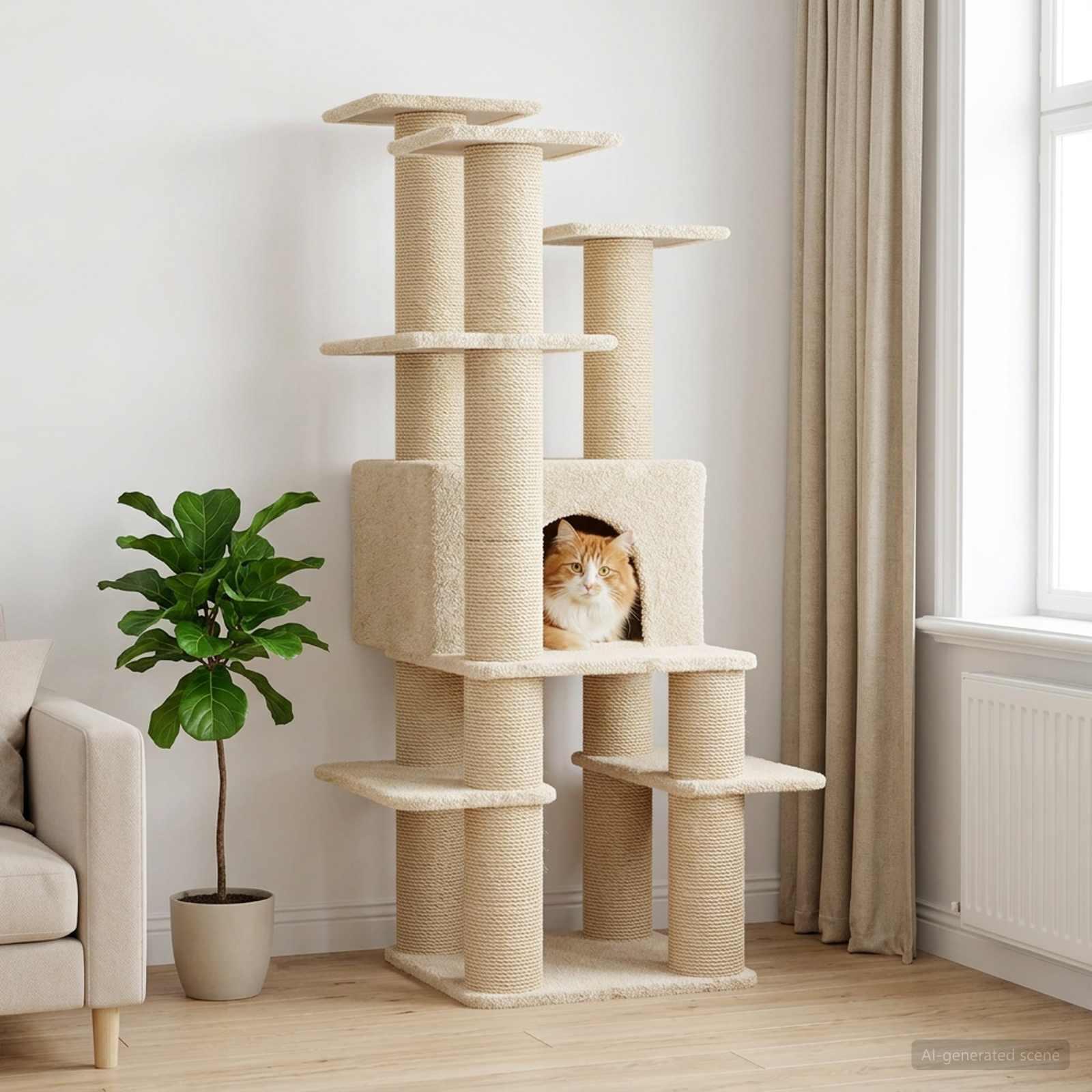 Kattetræ med sisal-kradseposter - cremefarvet, 161 cm billede