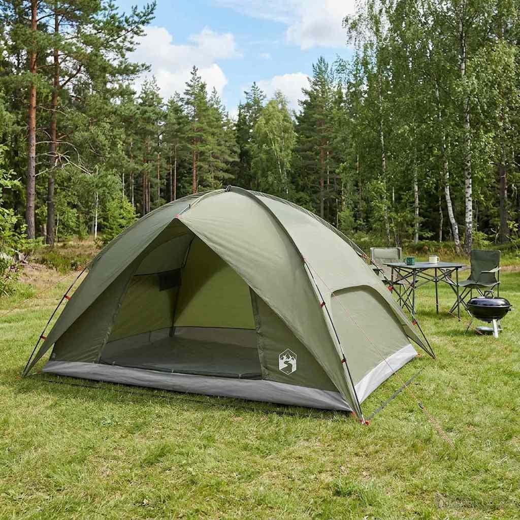 Camping telt med regnslag - kuppeltelt til 4 personer, olivengrøn billede