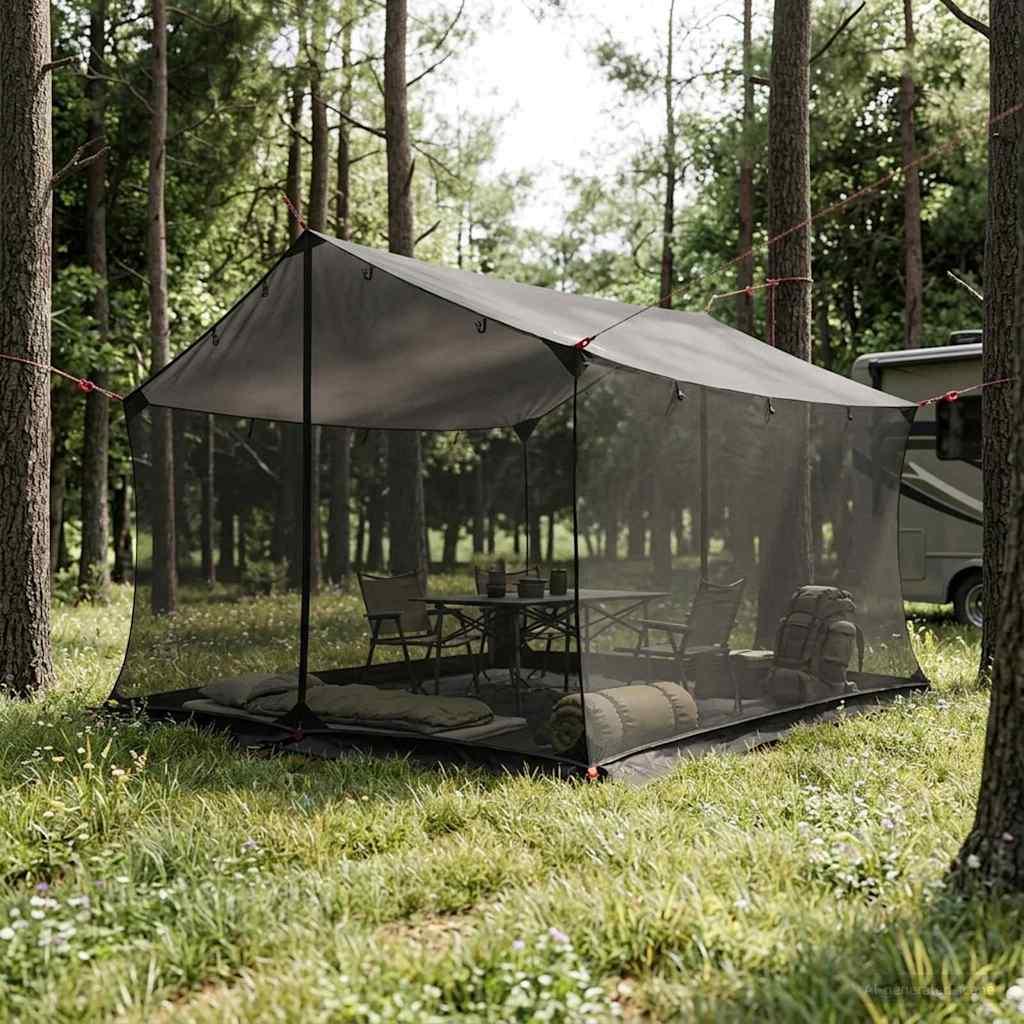 Camping tarp med meshvægge - brun/grå 340 × 260 × 220 cm