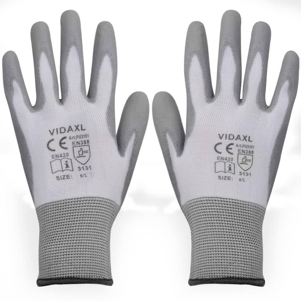 Arbejdshandsker i nylon med PU-overflade - 24 par, hvid/grå, str. 9/L billede