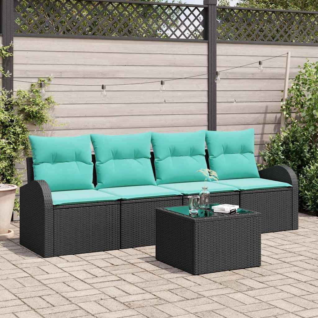 Havesofa sæt med opbevaring - 5 dele i sort/turkis polyrattan billede