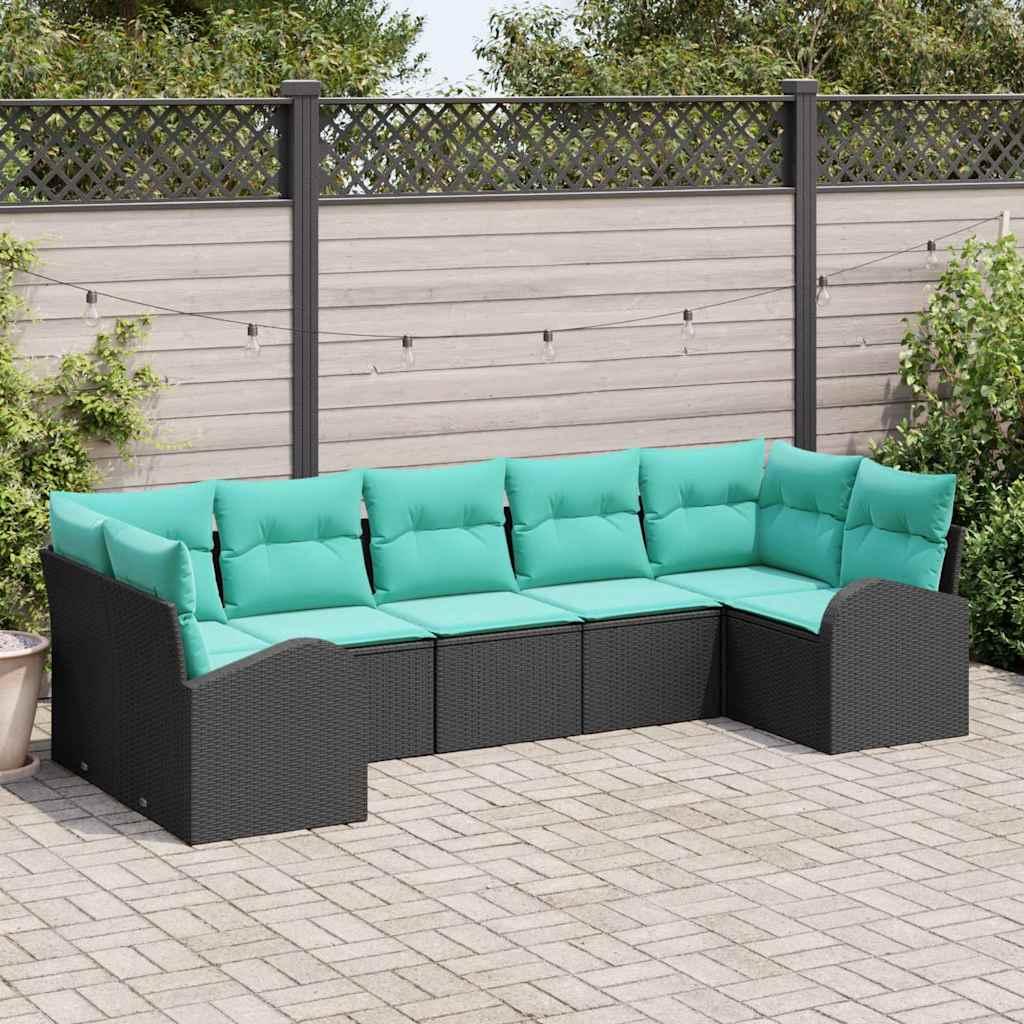 Modulært havesofa sæt med puder - 7 dele, sort/turkis polyrattan billede