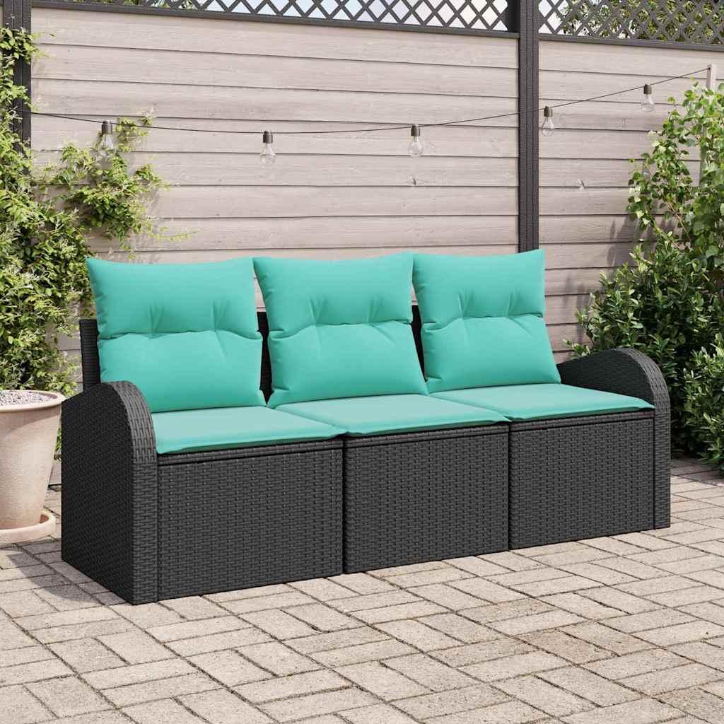 Havesofa sæt med opbevaring - 3-pers. modulsofa i sort poly rattan med turkise puder billede