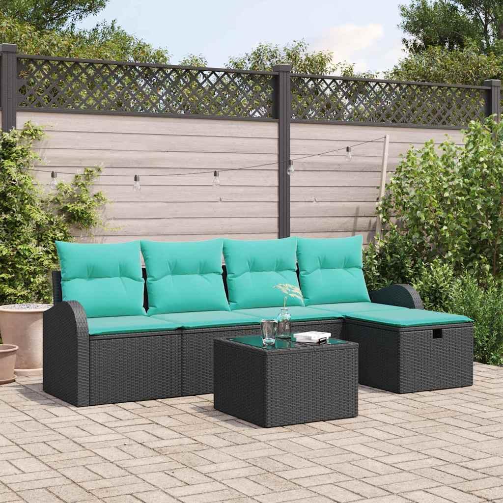 Havesofa sæt med opbevaring - 6 dele i sort polyrattan