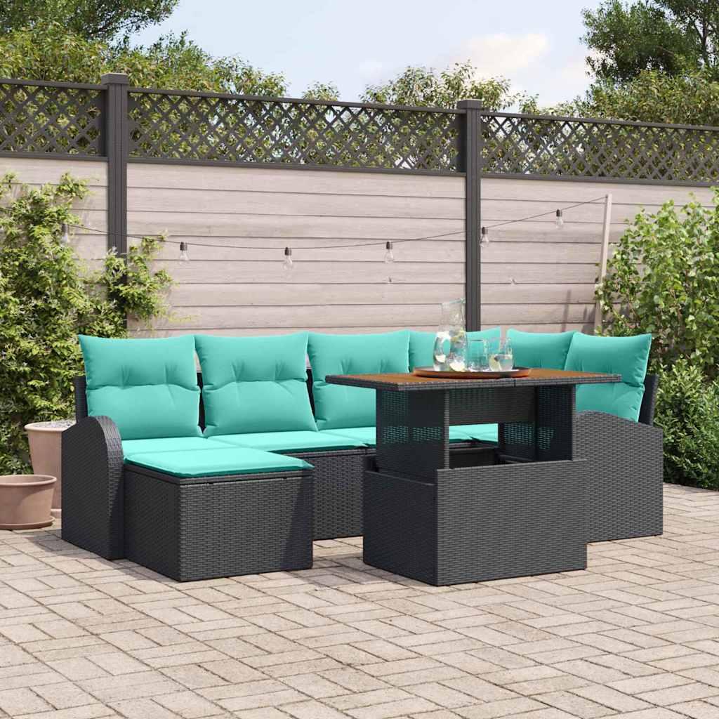 Havesofa-sæt med opbevaring - 7 dele i sort polyrattan