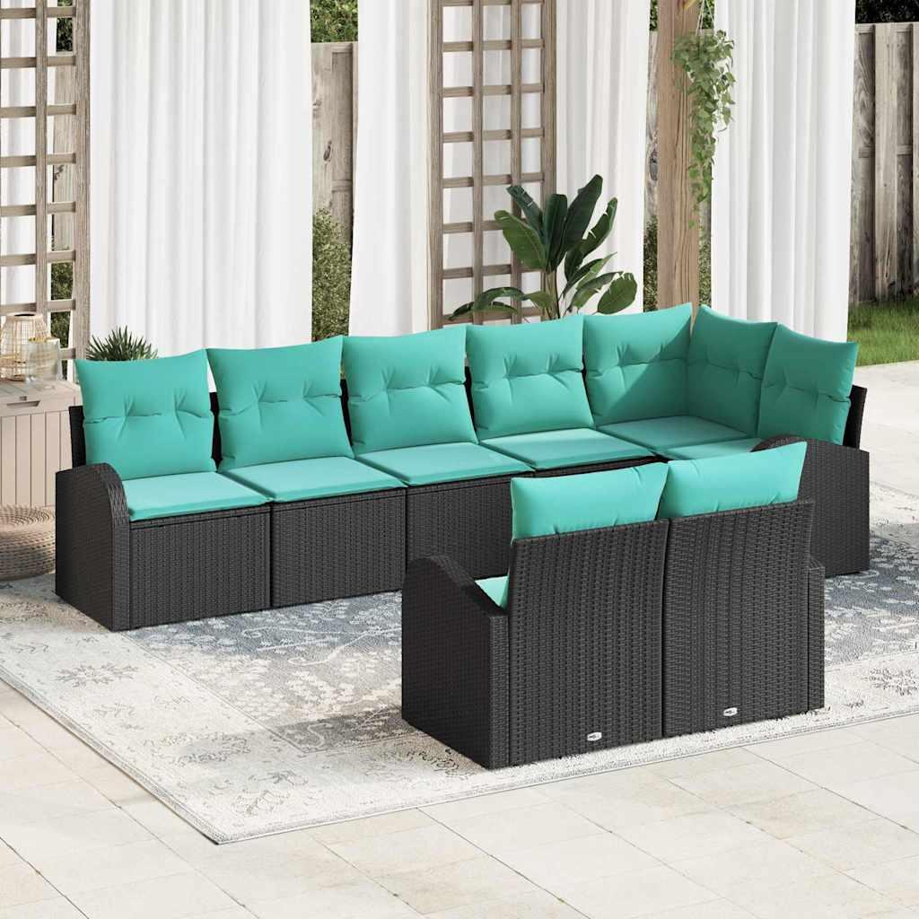 Havesofa sæt i polyrattan - 8-pers. modulsofa, sort/turkis billede