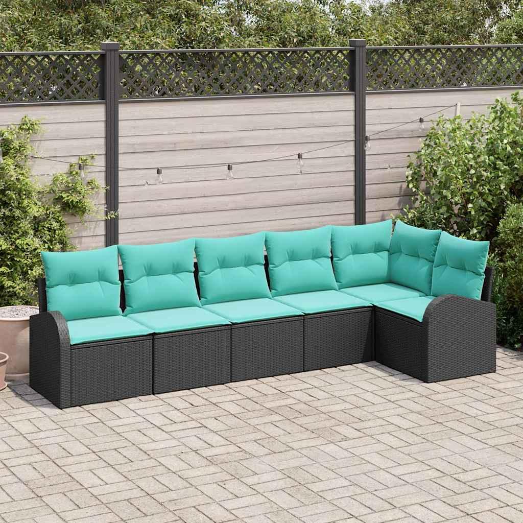 Havesofa sæt i polyrattan - 6 dele, sort/turkis, modulært billede