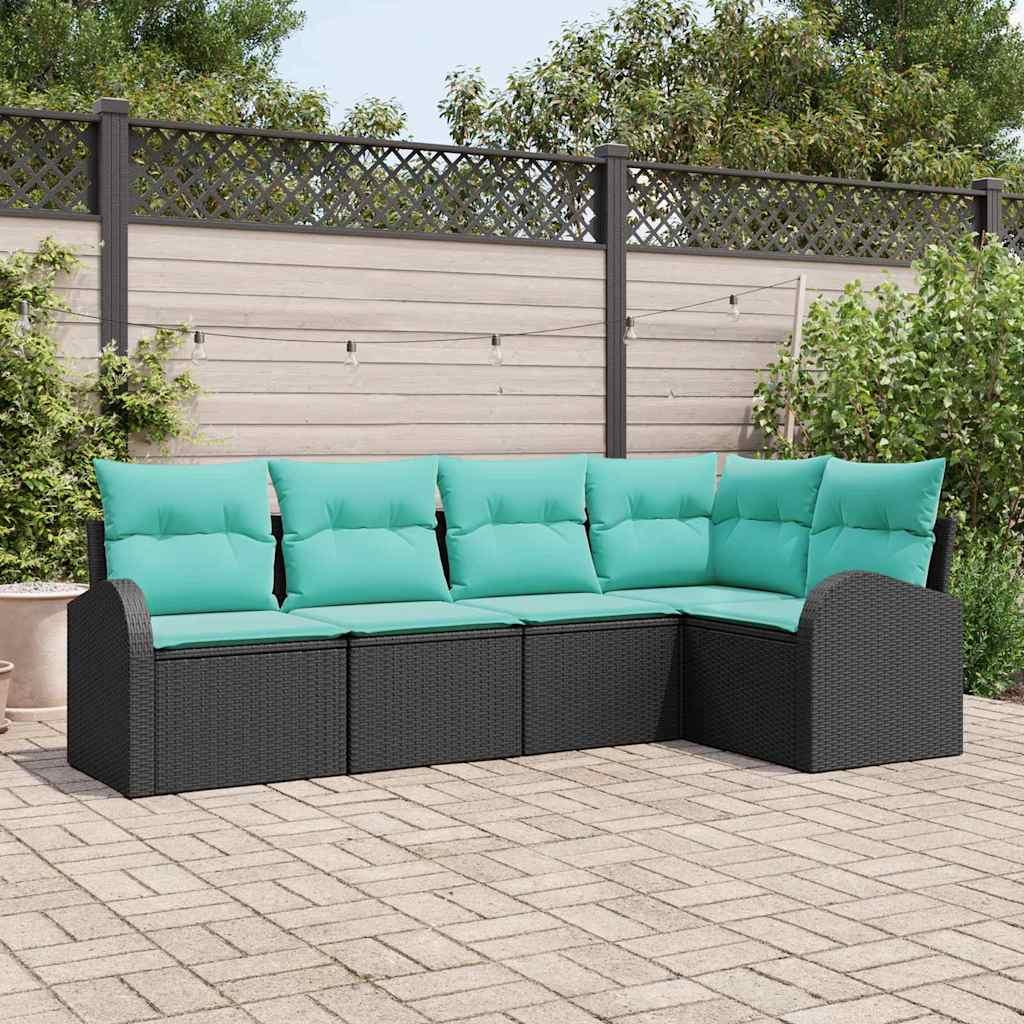 Havesofa sæt i polyrattan - 5 dele, sort/turkis, modulopbygget billede