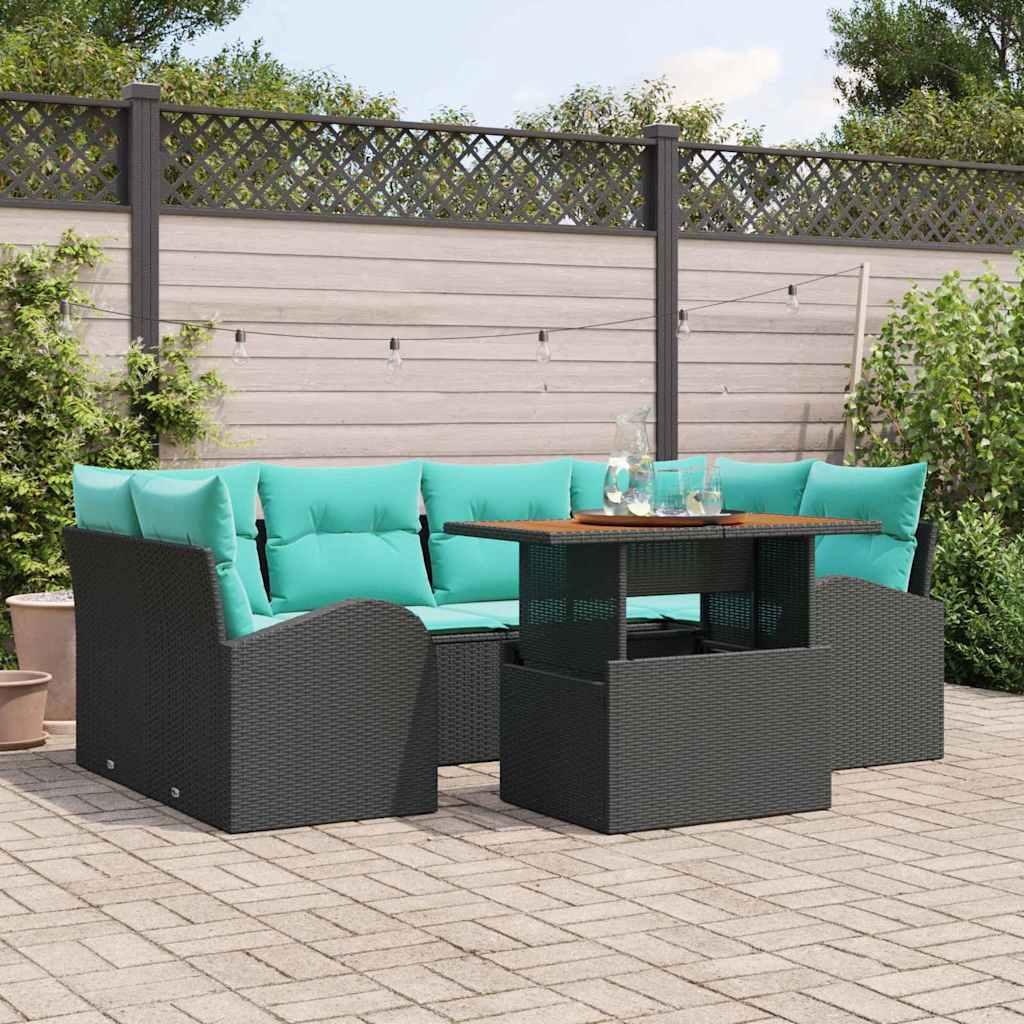 Havesofa-sæt med opbevaring - 7 dele i sort polyrattan