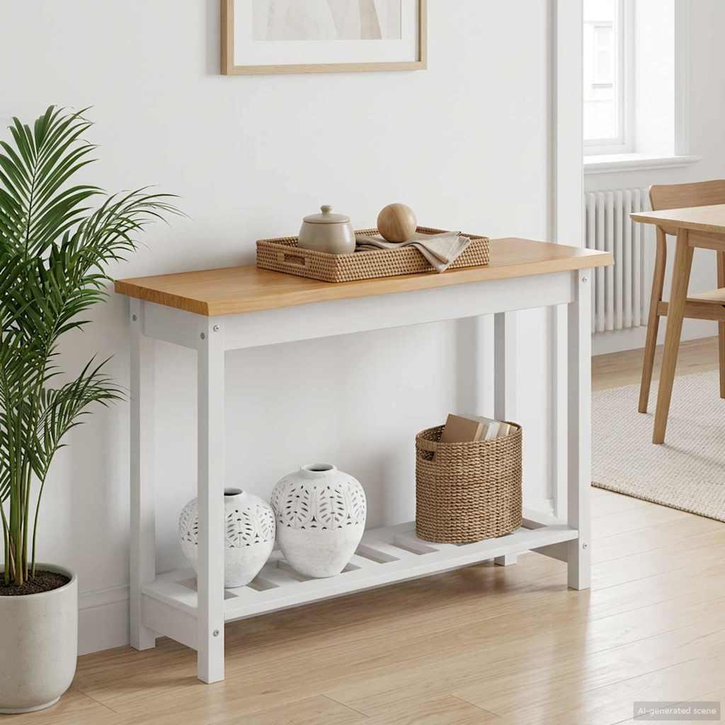 Konsolbord i massivt fyrretræ - hvid, 112 × 35 × 76 cm, med hylde billede