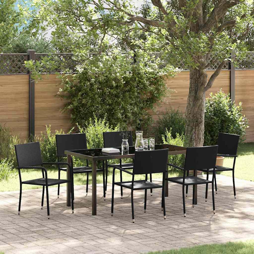 Have spisebordssæt med puder - 7 dele, sort polyrattan billede