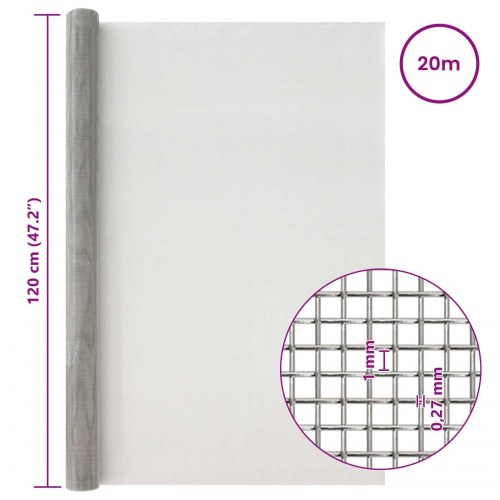 Netskærm 120 × 2.000 cm - 20 mesh i rustfrit stål 201, sølv