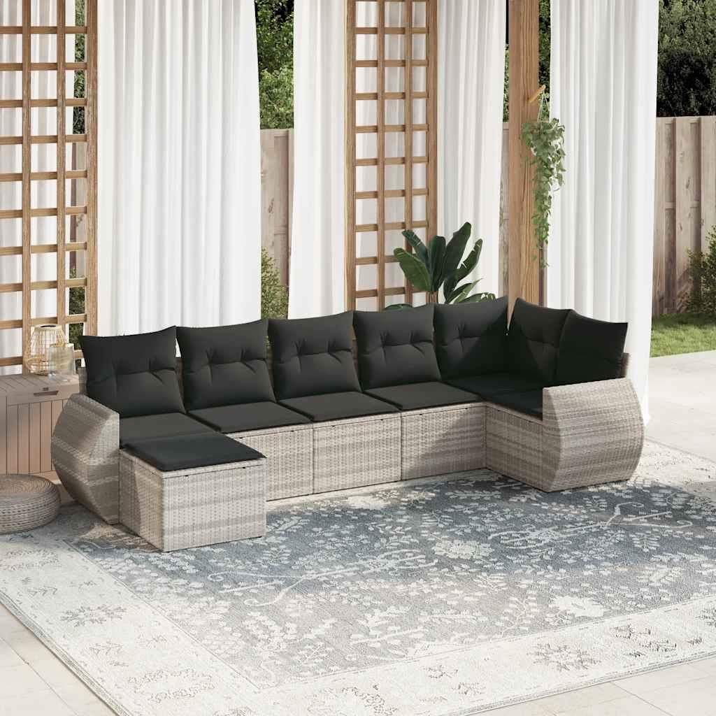 Havesofasæt i polyrattan, 7 dele med hynder - lysegrå billede