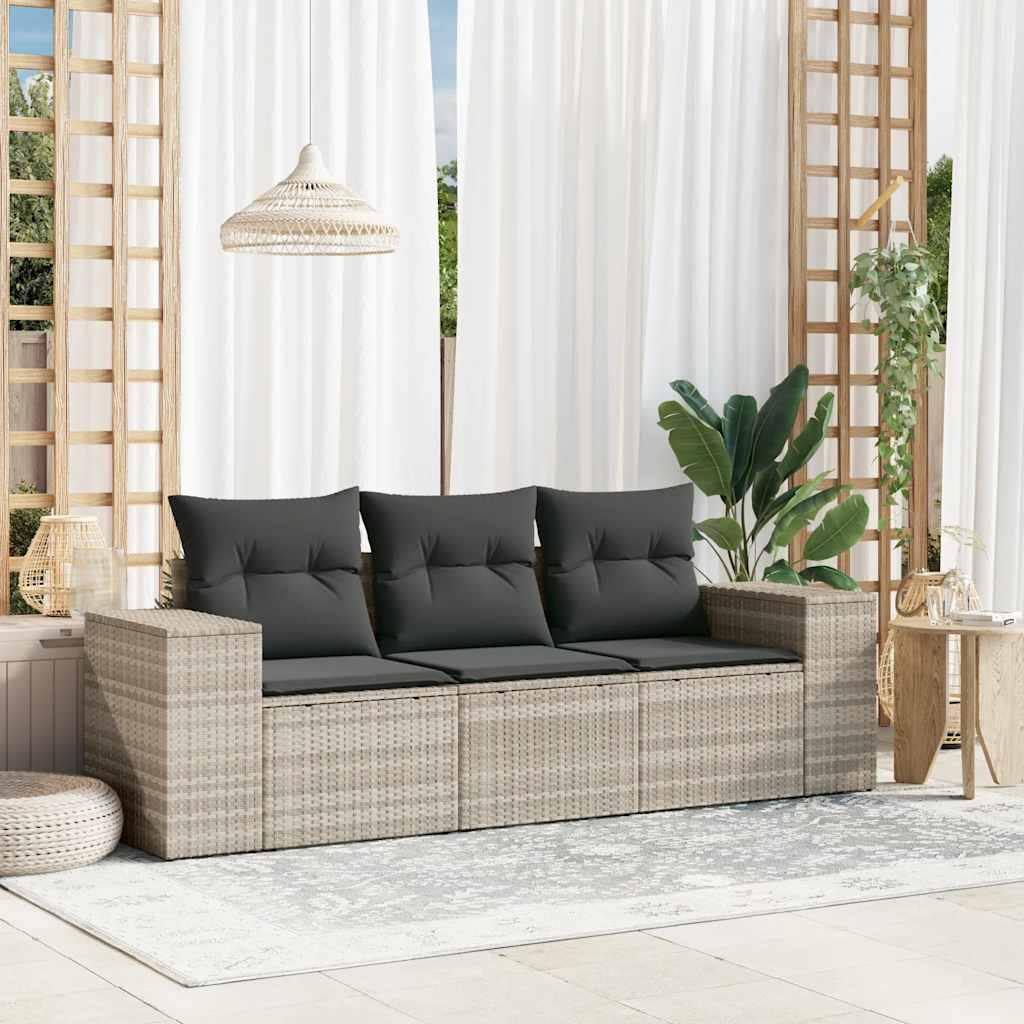 Sofasæt til haven - 3 dele i polyrattan, lysegrå med mørkegrå hynder billede