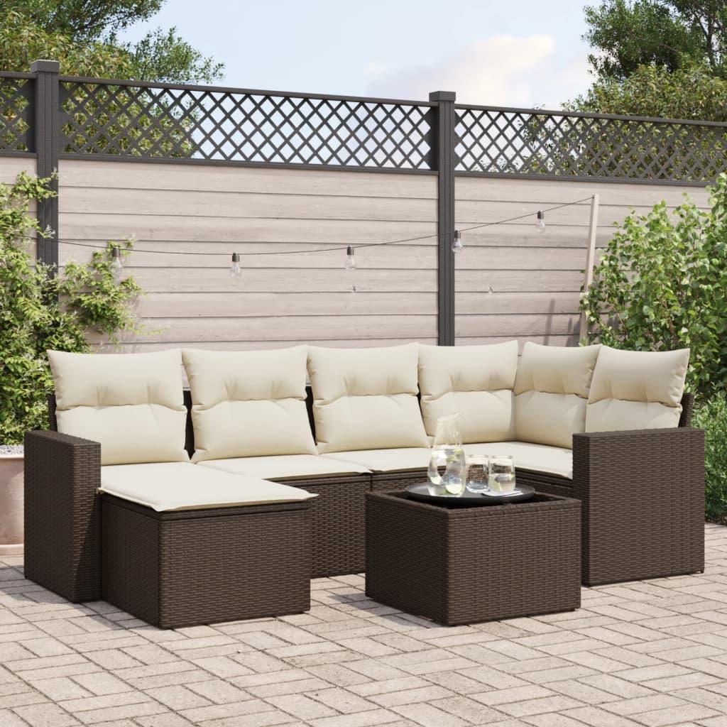 Sofasæt til haven i polyrattan - 7 dele, brun med creme hynder