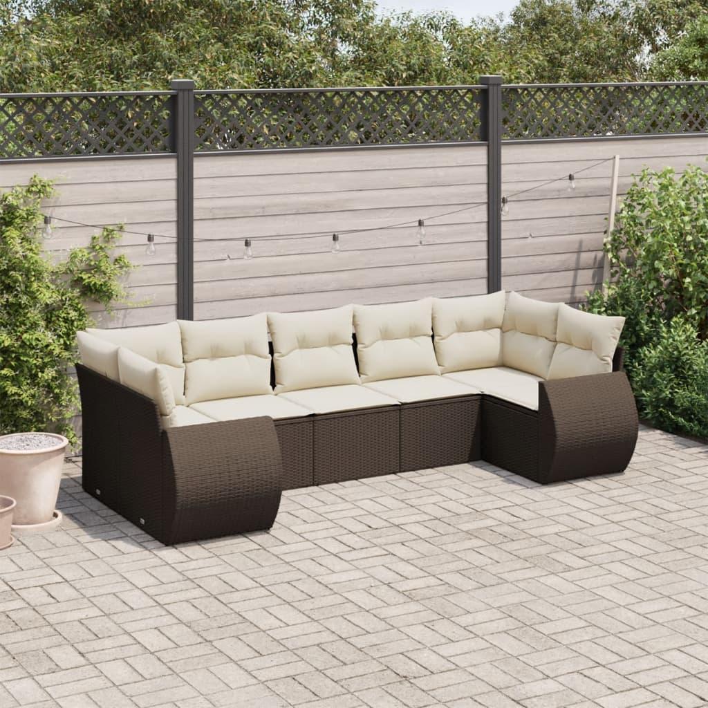 Sofasæt til haven i polyrattan - 7 dele, brun med cremefarvede hynder billede