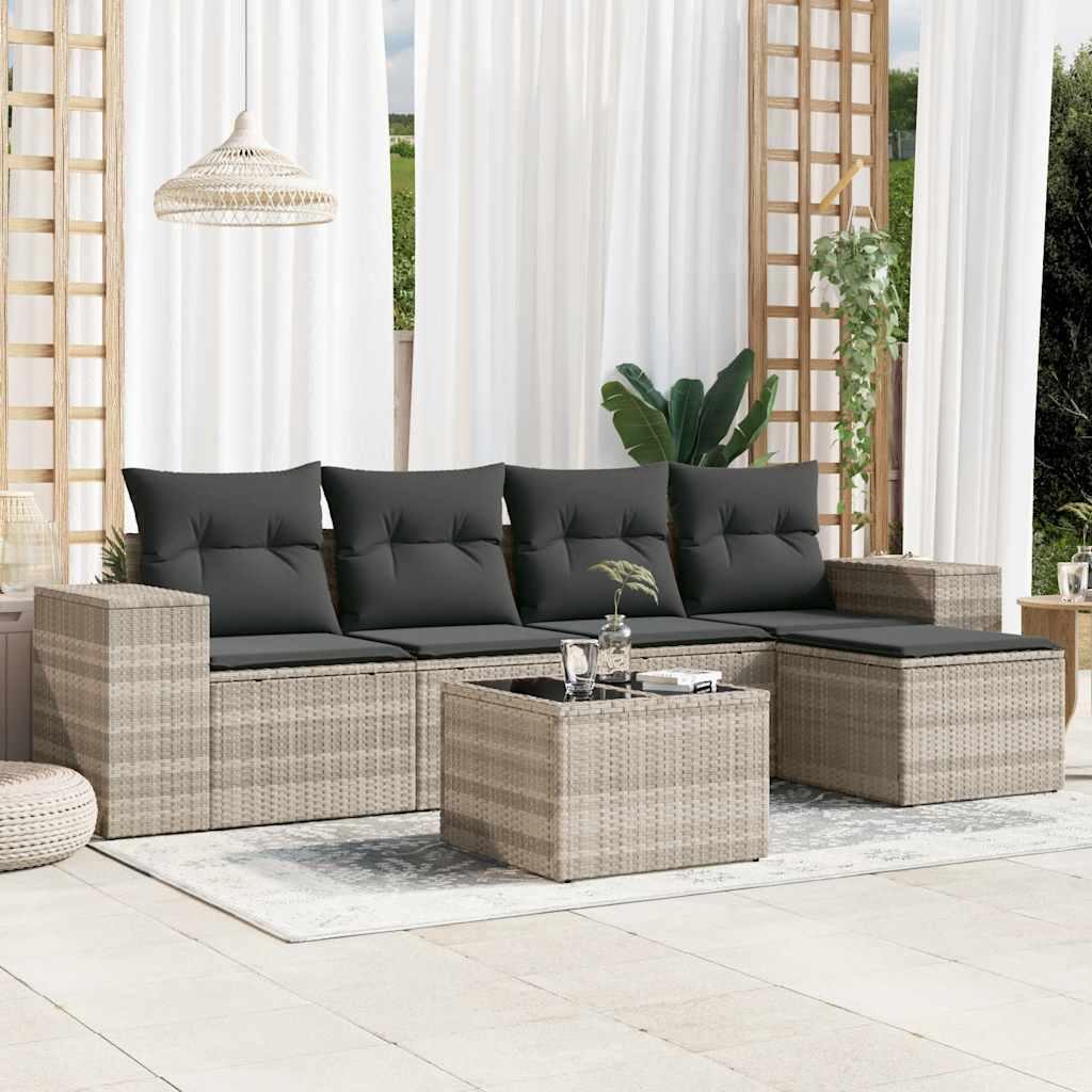 Sofasæt til haven i polyrattan - 6 dele med hynder, lysegrå billede