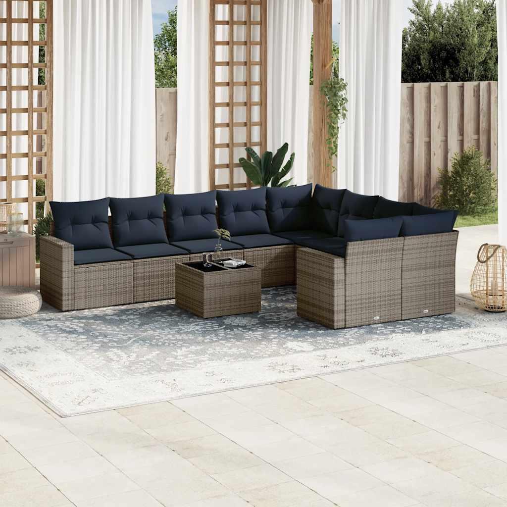 Sofasæt til haven - 10 dele i grå polyrattan med marineblå hynder billede