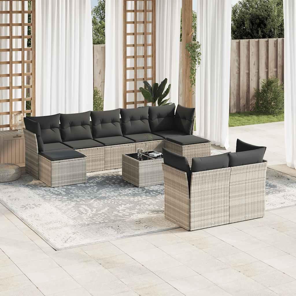 Havesofasæt i polyrattan - 10 dele med hynder, lysegrå billede