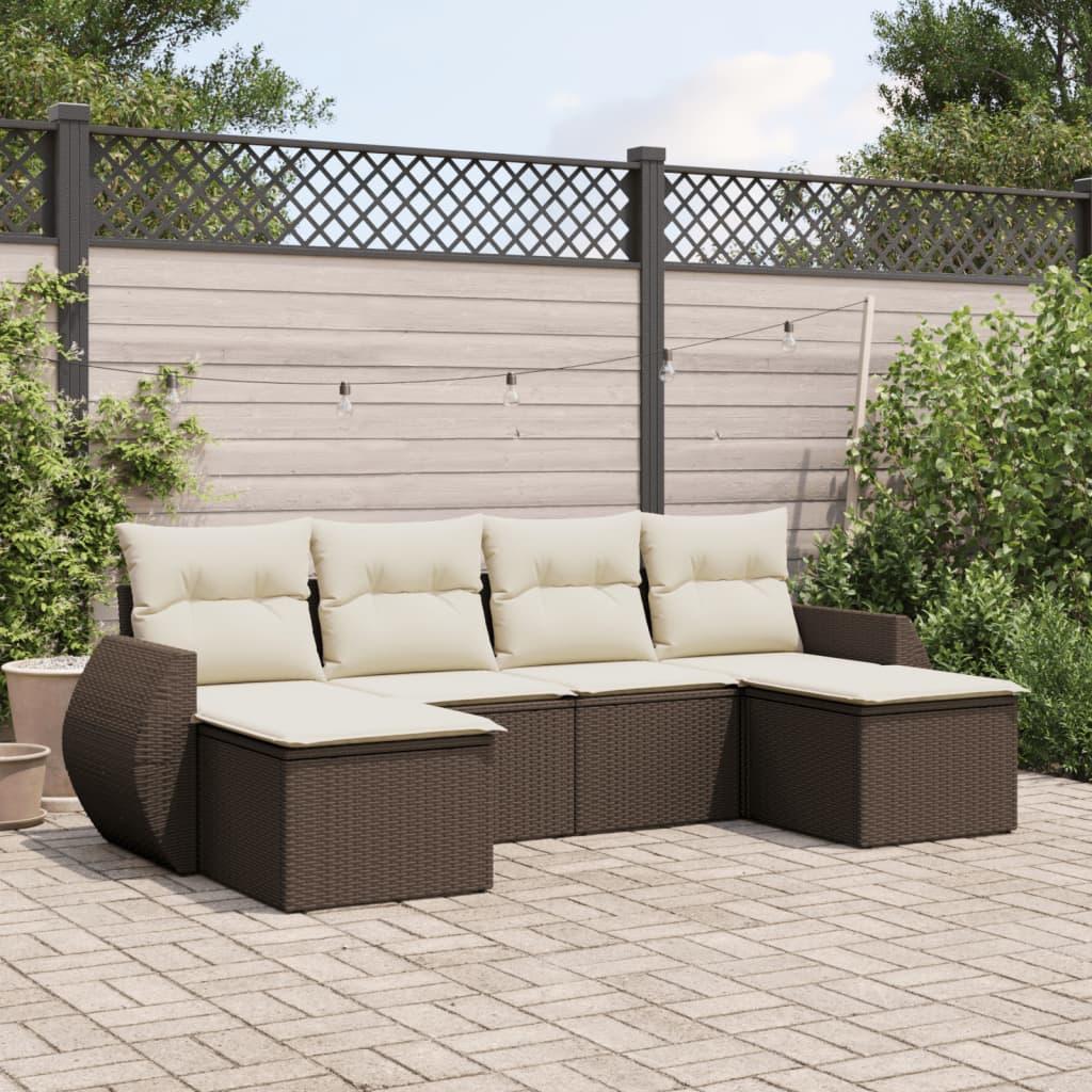 Sofasæt til haven i polyrattan - 6 dele, brun med creme hynder billede