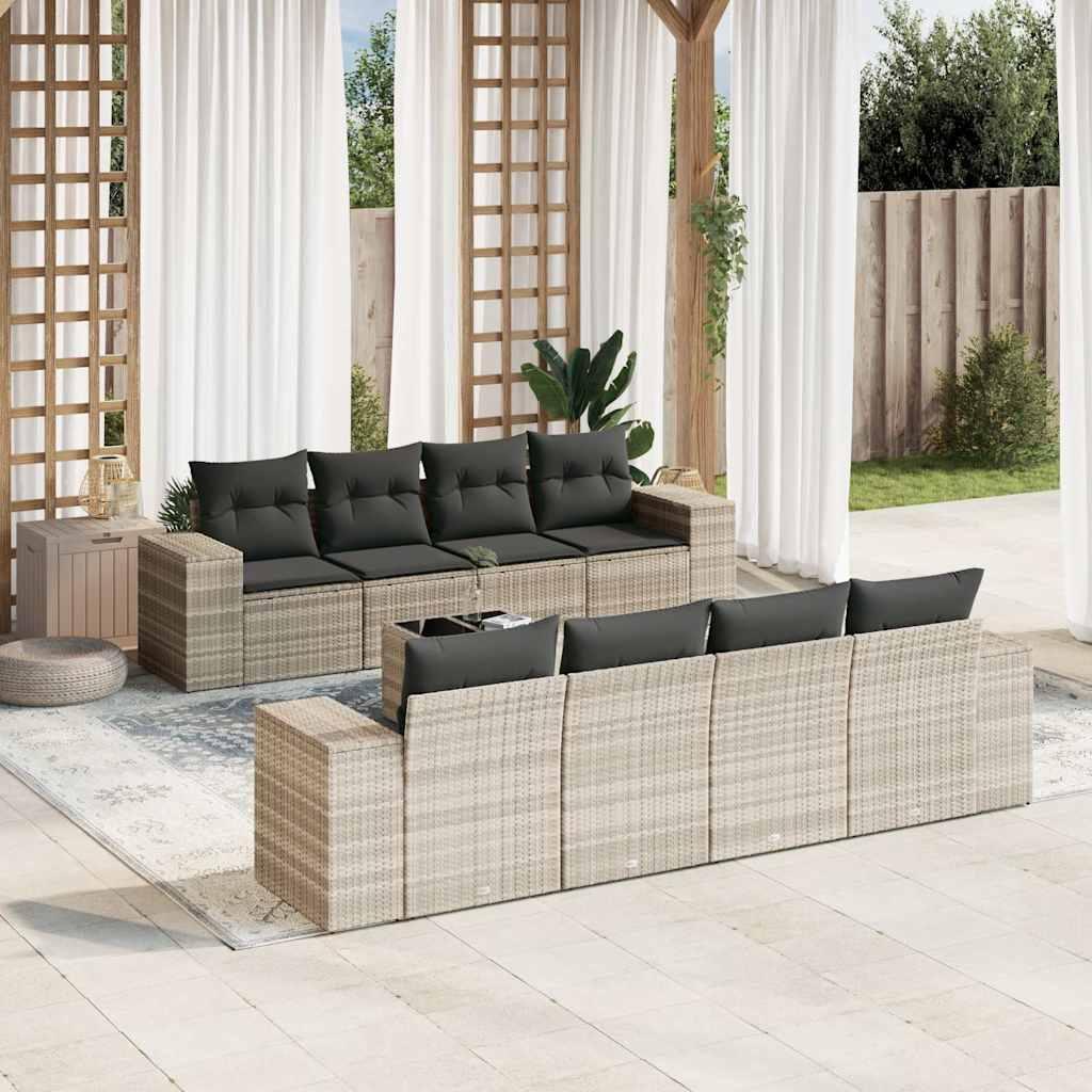 Sofasæt til haven - 9 dele i polyrattan, lysegrå med mørkegrå hynder billede