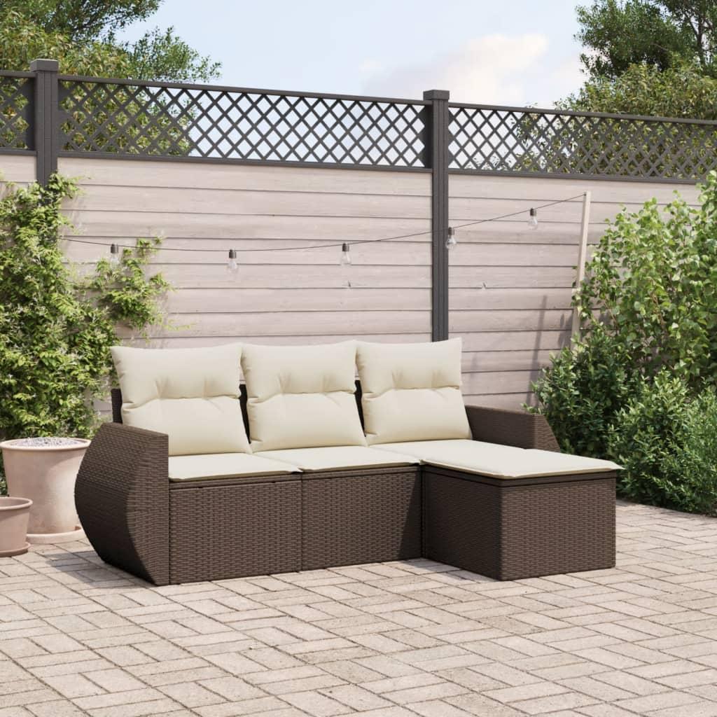 Sofasæt til haven i polyrattan - 4 dele med hynder, brun