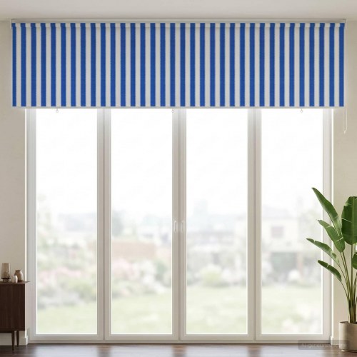 Udendørs rulleskærm 355 x 140 cm 90% UV blok blå og hvid stribet HDPE