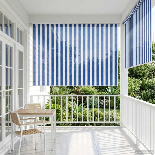 Udendørs rulleskærm 165 x 140 cm 90% UV blok blå og hvid stribet HDPE