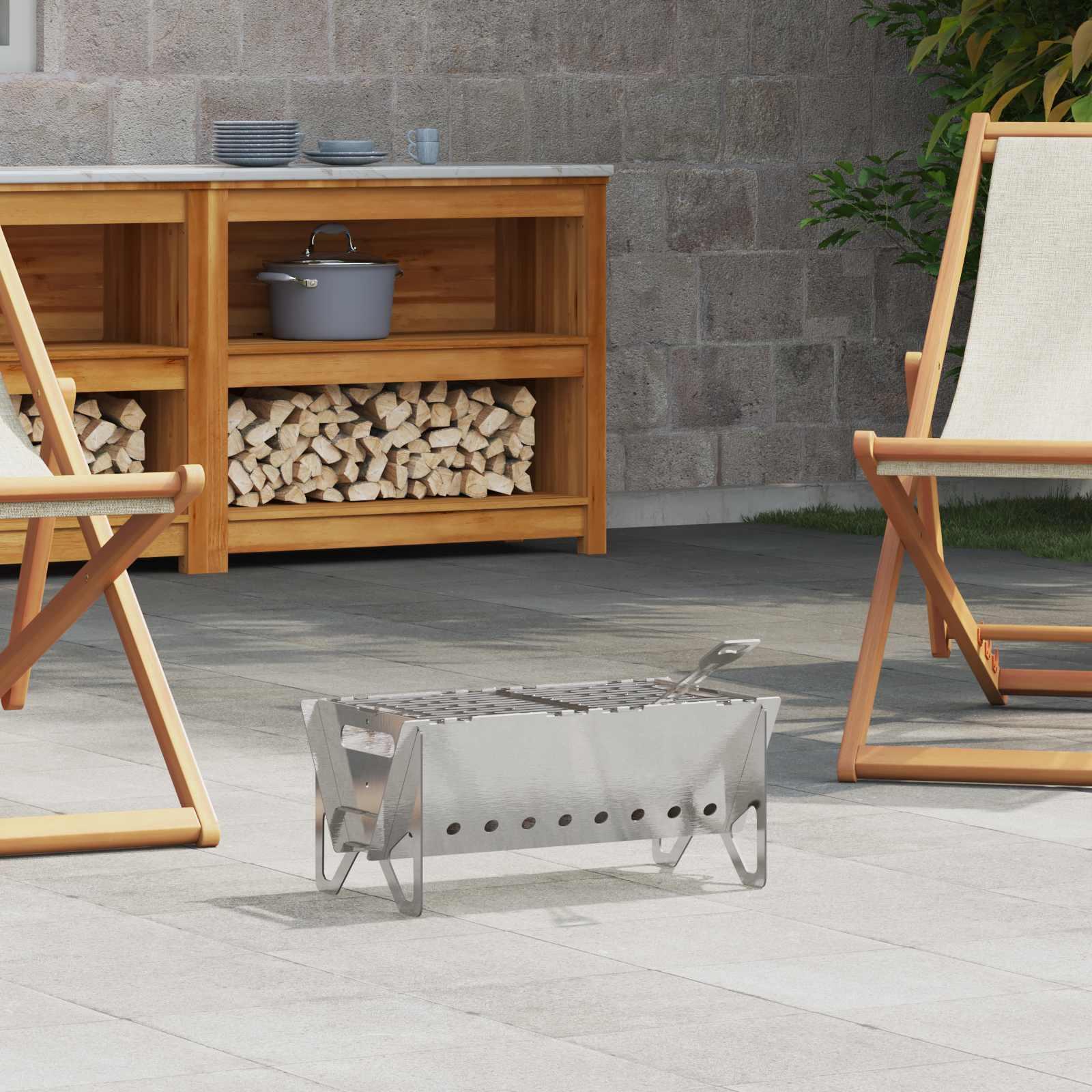 Camping bålplads med grillrist 42 x 22 x 18 cm i rustfrit stål - sølv billede