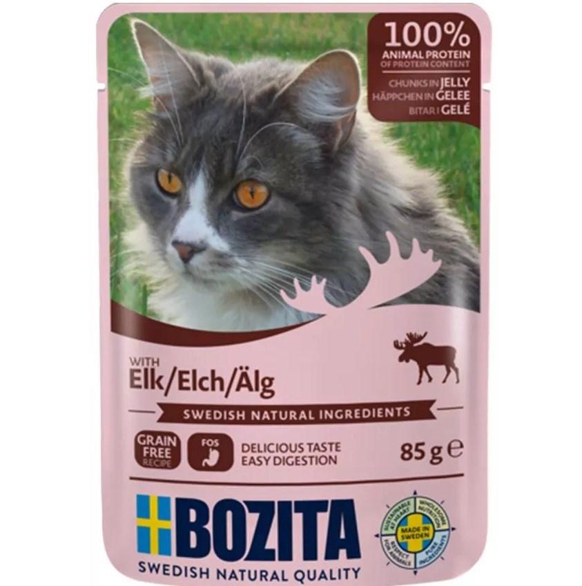 BOZITA kødstykker i gelé med elg - vådfoder til voksen kat, 85 g