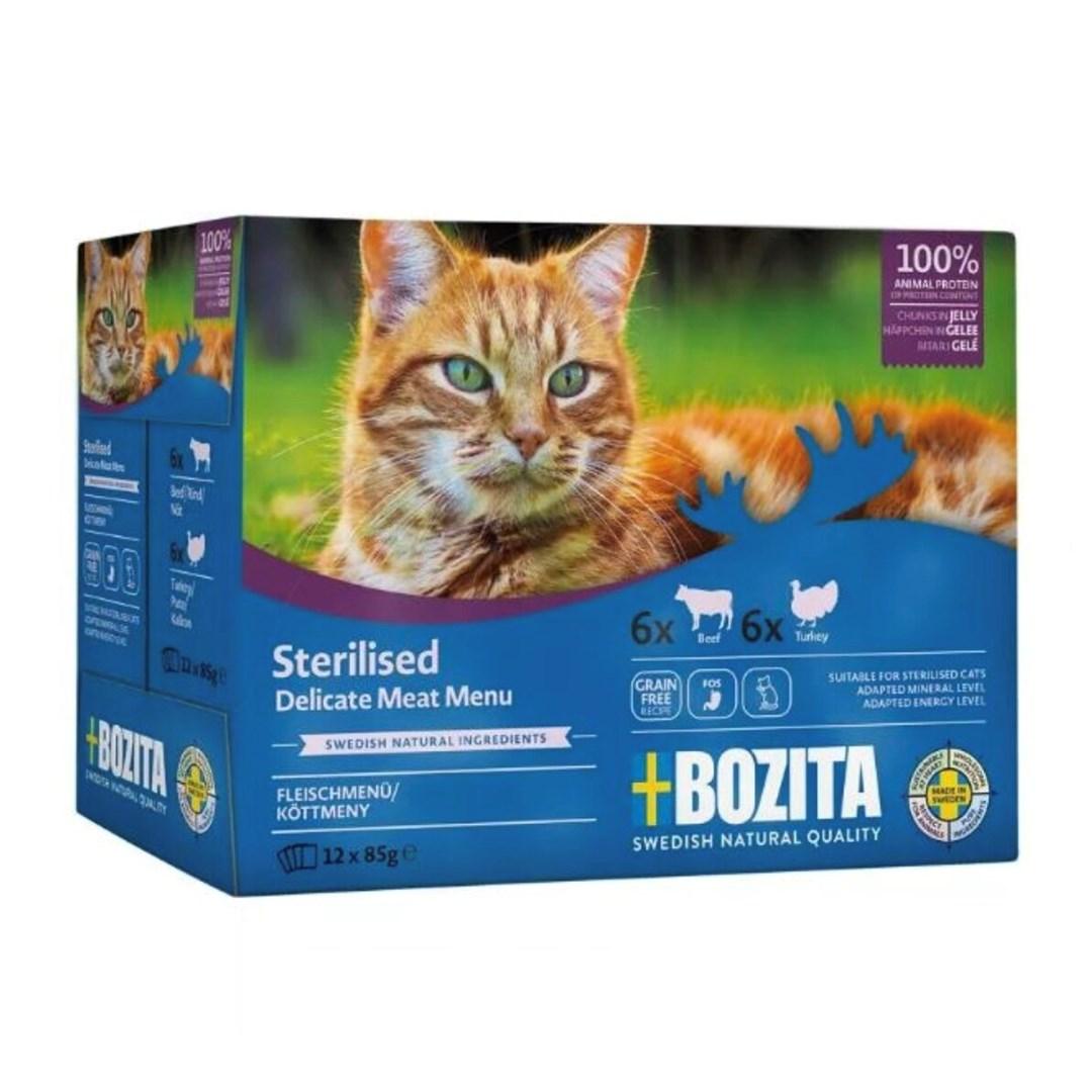 Bozita Sterilised Delicate kødmenu i gelé vådfoder til kat 12 x 85 g