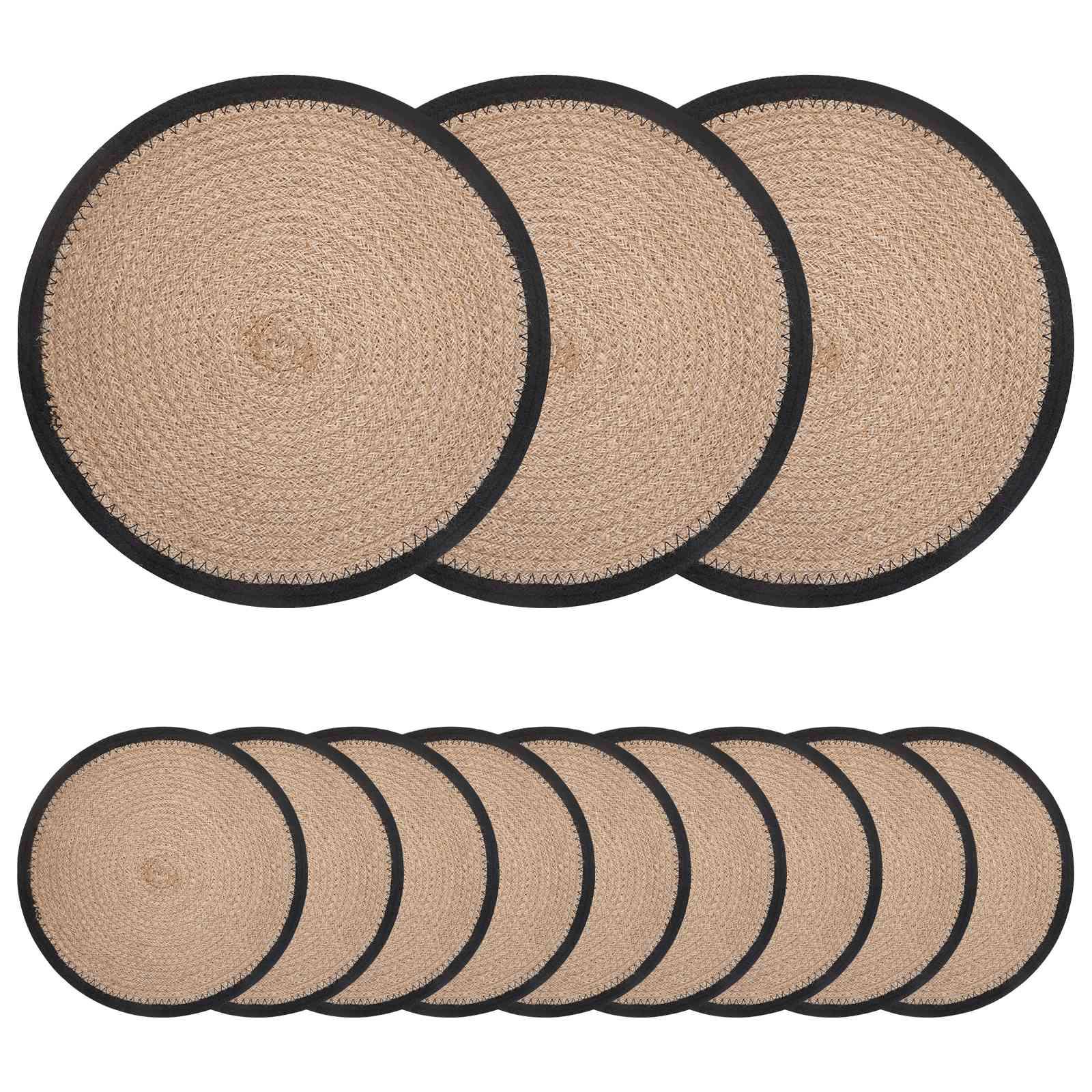 Jute dækkeservietter 12 stk naturfarvet og sort Ø 30 cm