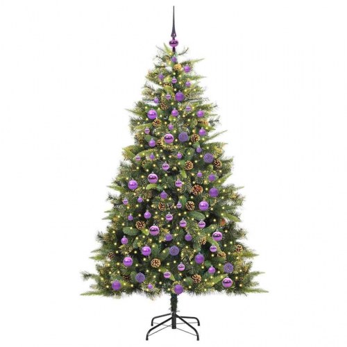 Kunstig hængslet juletræ med LED, kogler og pynt grøn 180 cm