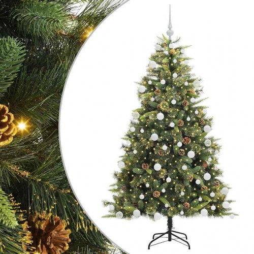 Kunstig hængslet juletræ med LED, kogler og kugler 180 cm grøn