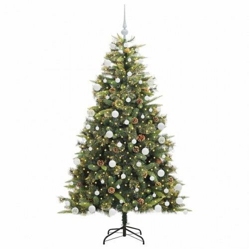 Kunstig hængslet juletræ med LED, kogler og kugler 180 cm grøn