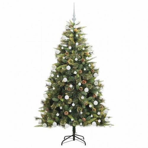 Kunstig hængslet juletræ med LED, kogler og kugler 180 cm grøn