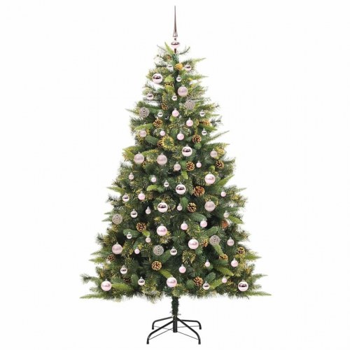 Kunstigt hængslet juletræ med kogler og LED-lys 180 cm grønt