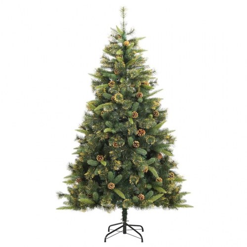 Kunstigt hængslet juletræ med kogler og LED-lys 180 cm grønt