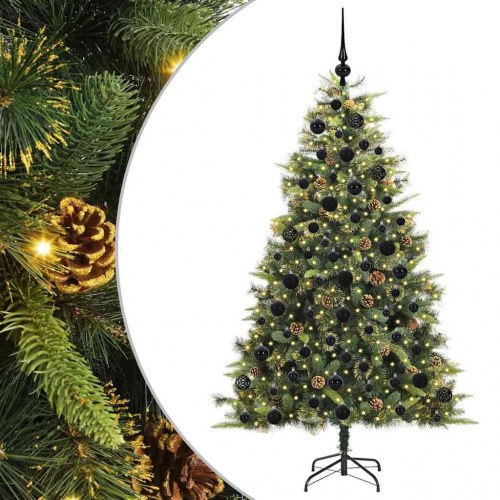 Kunstigt hængslet juletræ med LED, kogler og pyntkugler 180 cm grønt