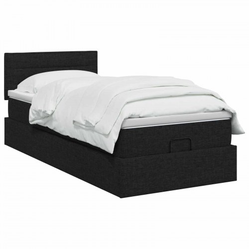 Ottoman seng med opbevaring inkl. madras og hovedgærde 90 x 200 cm - sort stof