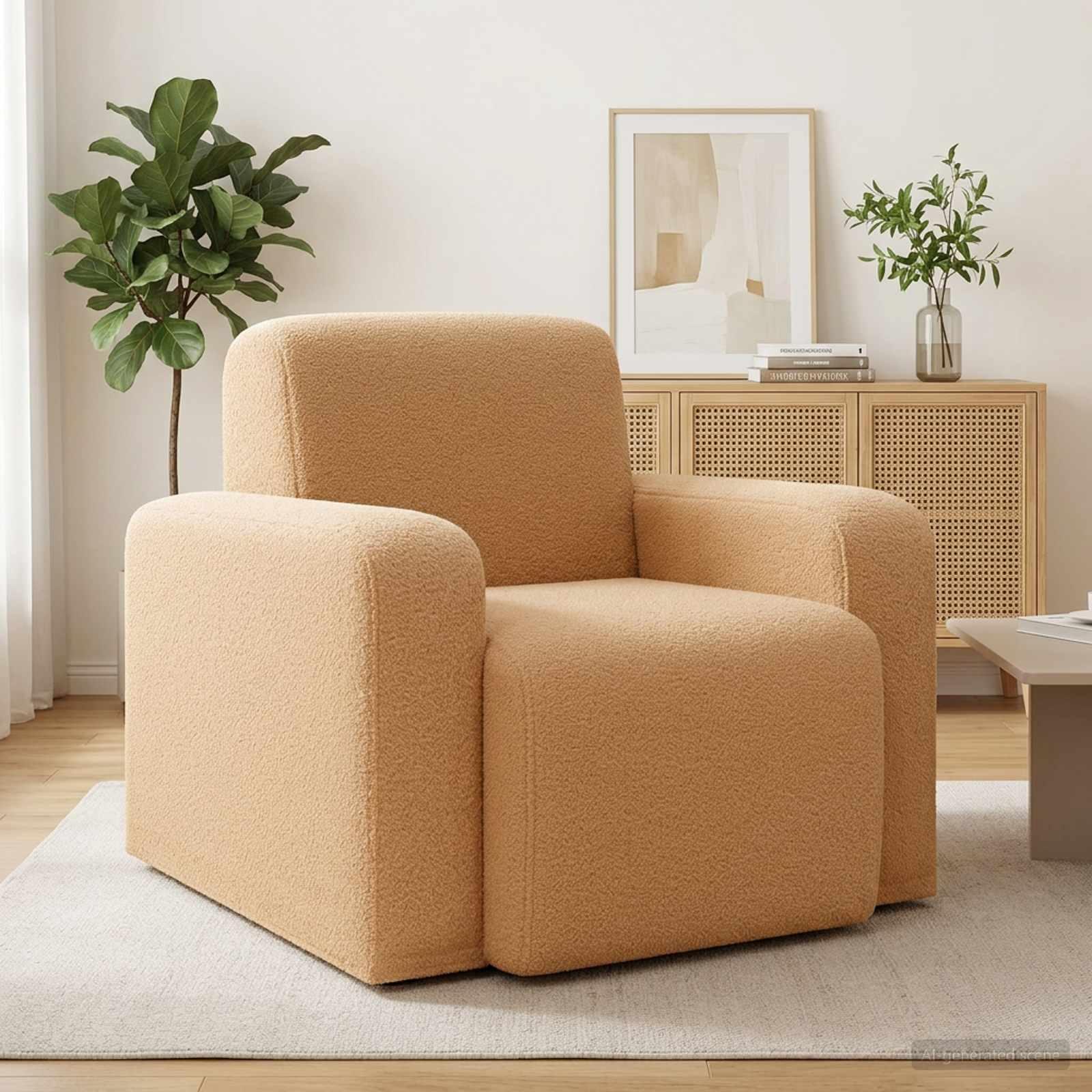 Lænestol i beige bouclé med brede armlæn