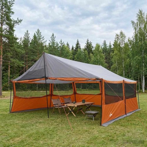Familietelt grå og orange 600 x 400 x 268 cm i polyester og stål