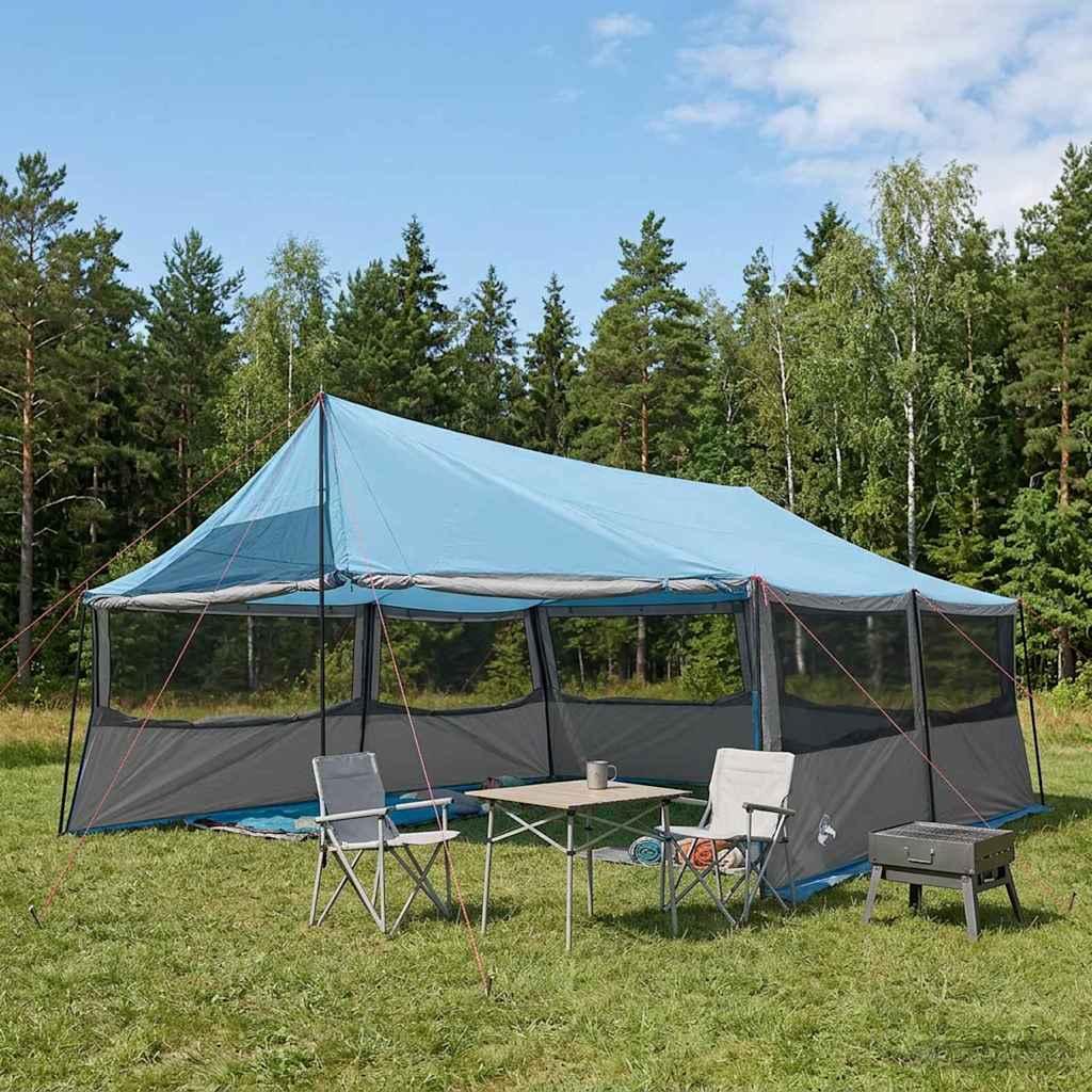 Familietelt med tag 600 x 400 x 268 cm i blå polyester og stål