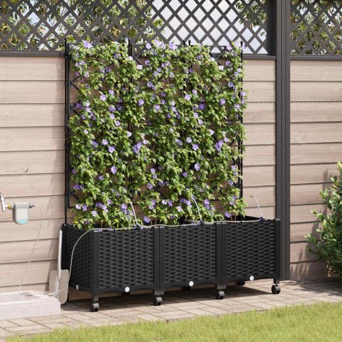 Havekrukke med vanding, hjul og espalier 3 stk. sort 120 x 40 x 148 cm