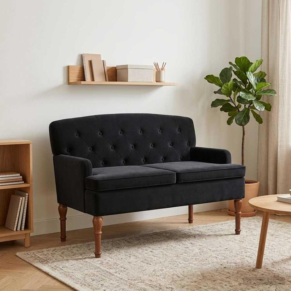 2-personers loveseat i fløjl med knap tufting - sort, 111 x 65 x 79 cm billede