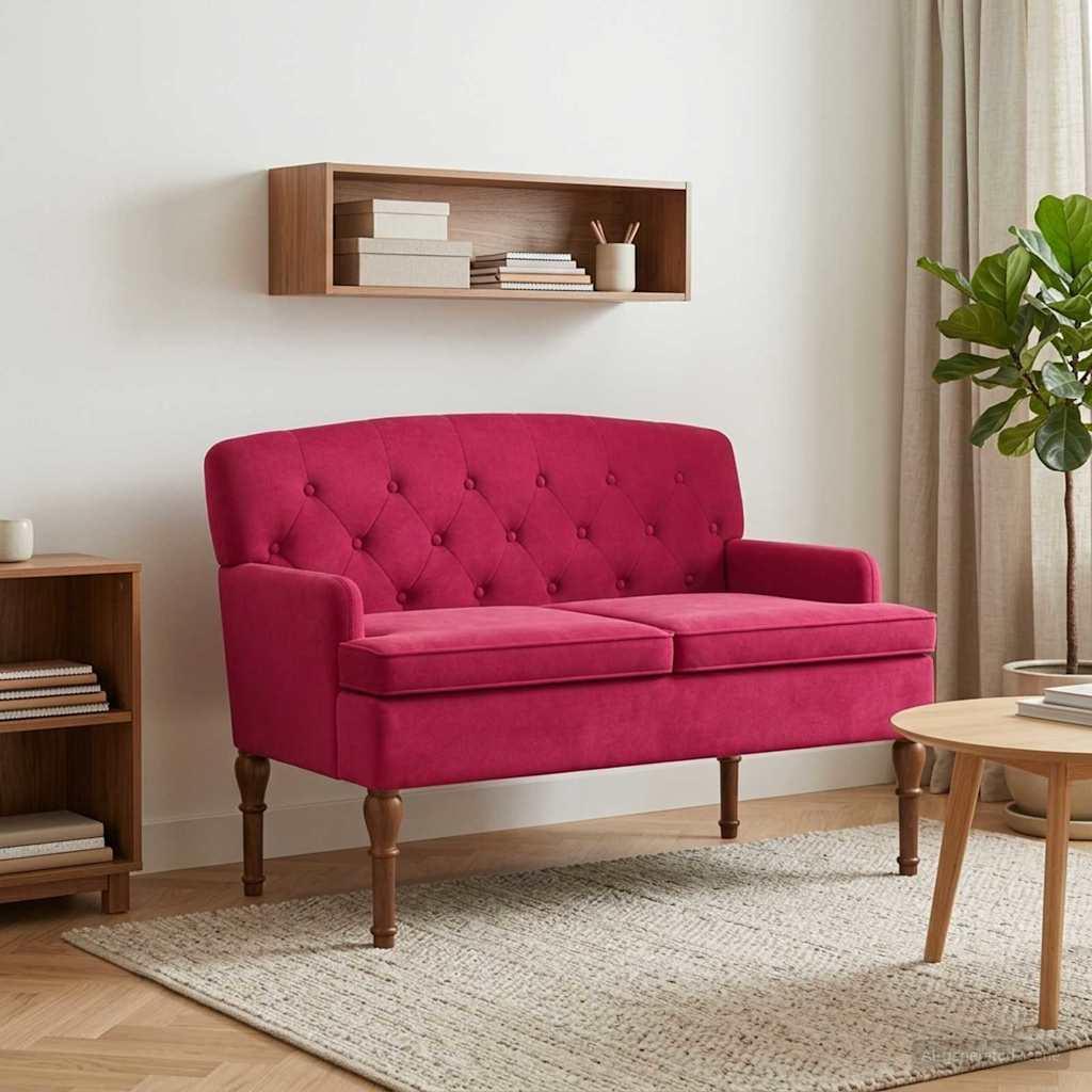 2-personers loveseat med knap tufting i fløjl - vinrød 111 x 65 x 79 cm billede