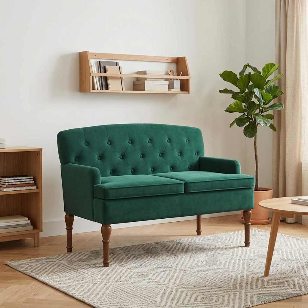 2-personers loveseat i fløjl med knap tufting - mørkegrøn 111 x 65 x 79 cm billede